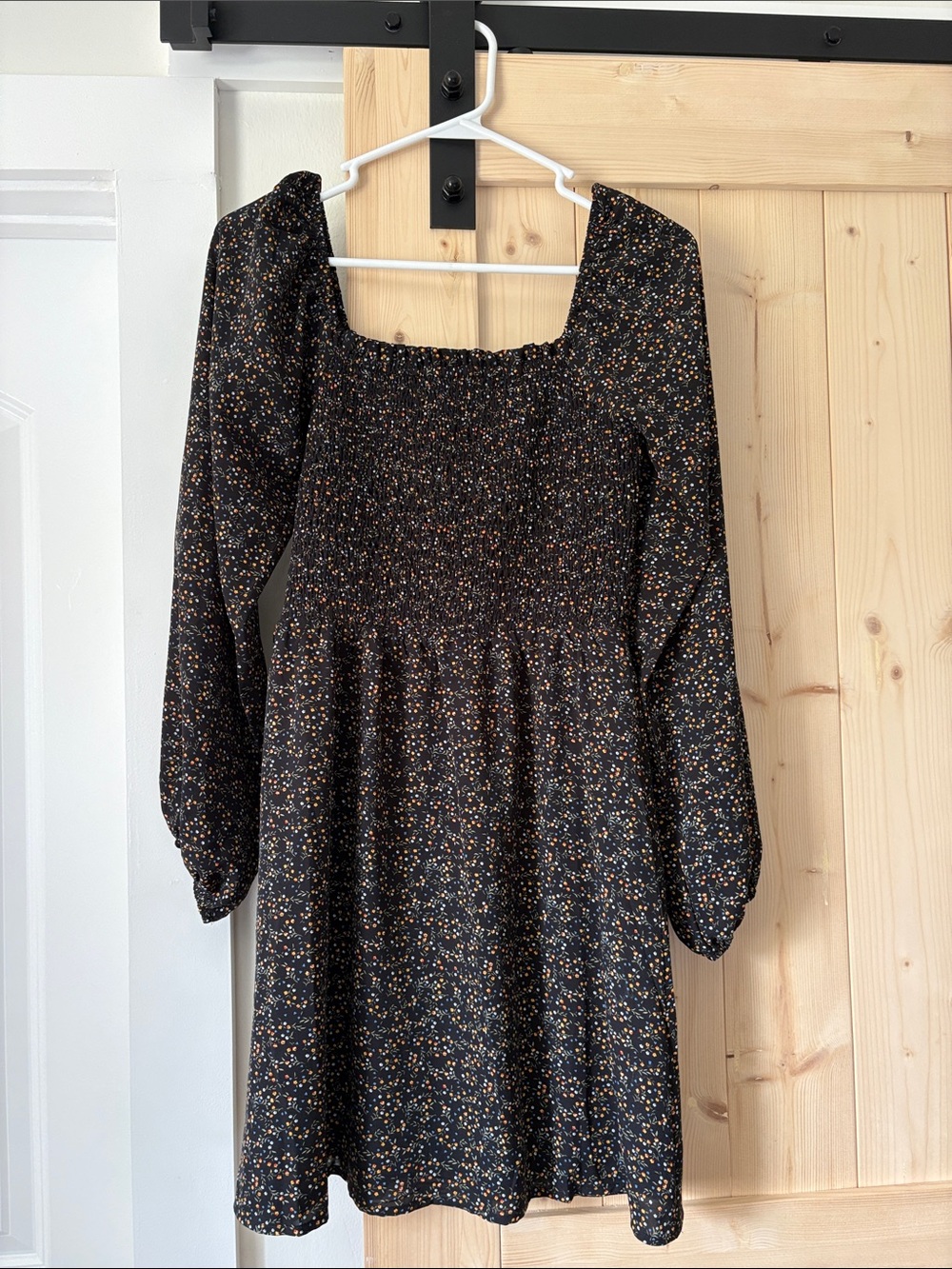 Paper Crane Black Long-Sleeve Smocked Floral Mini Dress
